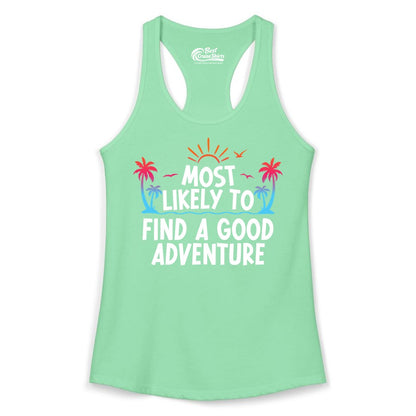 Tropical Adventure Shirt - Sunset Palm Tree Vacation T-Shirt (Ladies Tank) in Solid Mint - Tropical Adventure Shirt - Sunset Palm Trees Bold Motivational Design