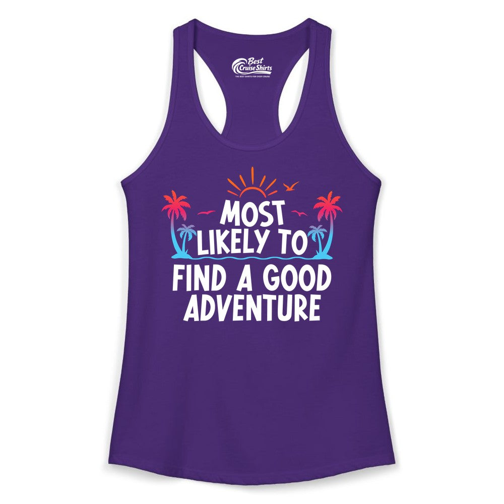 Tropical Adventure Shirt - Sunset Palm Tree Vacation T-Shirt (Ladies Tank) in Solid Purple Rush - Tropical Adventure Shirt - Sunset Palm Trees Bold Motivational Design