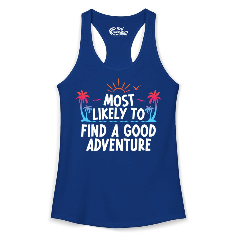 Tropical Adventure Shirt - Sunset Palm Tree Vacation T-Shirt (Ladies Tank) in Solid Royal - Tropical Adventure Shirt - Sunset Palm Trees Bold Motivational Design