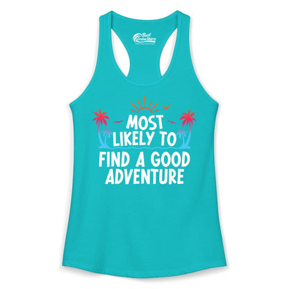 Tropical Adventure Shirt - Sunset Palm Tree Vacation T-Shirt (Ladies Tank) in Tahiti Blue - Tropical Adventure Shirt - Sunset Palm Trees Bold Motivational Design