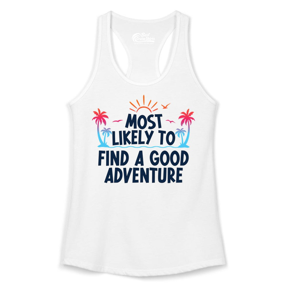 Tropical Adventure Shirt - Sunset Palm Tree Vacation T-Shirt (Ladies Tank) in White - Tropical Adventure Shirt - Sunset Palm Trees Bold Motivational Design