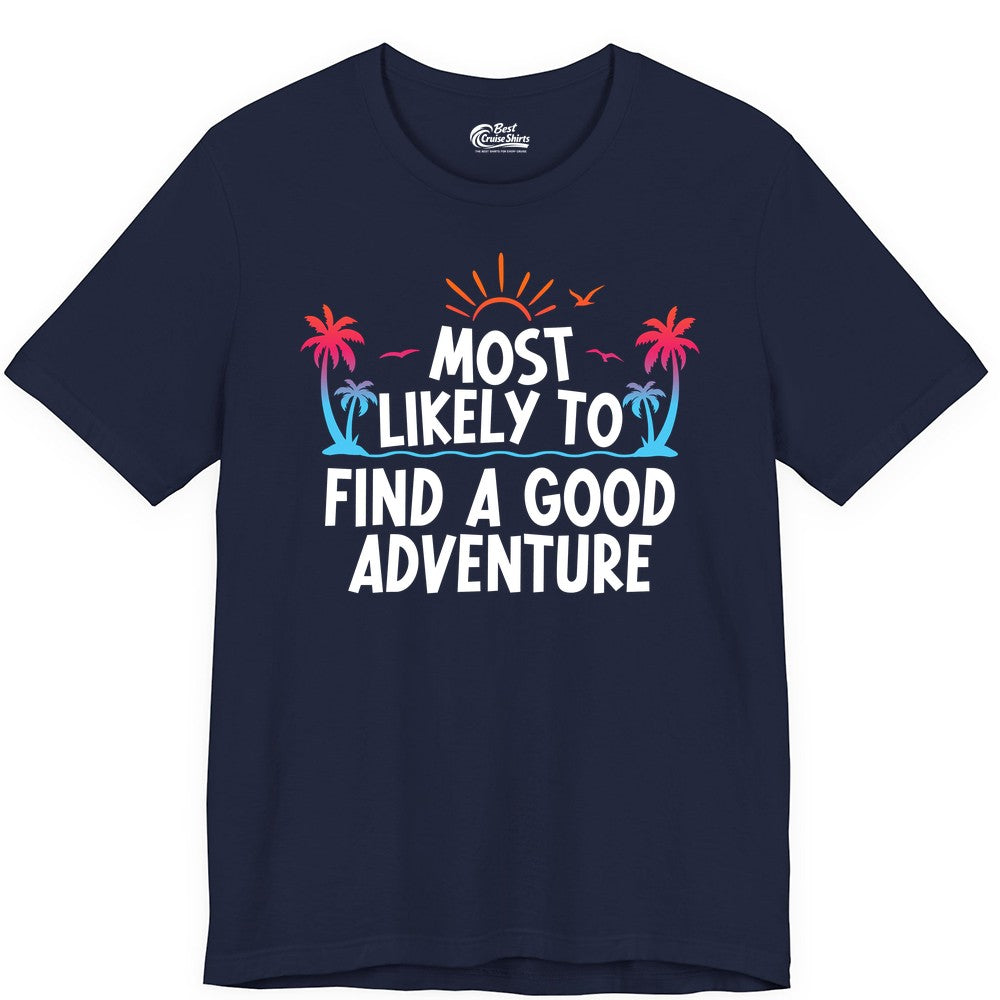 Tropical Adventure Shirt - Sunset Palm Tree Vacation T-Shirt (Premium Tee) in Navy - Tropical Adventure Shirt - Sunset Palm Trees Bold Motivational Design
