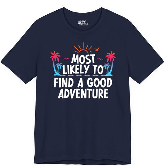 Tropical Adventure Shirt - Sunset Palm Tree Vacation T-Shirt (Premium Tee) in Navy - Tropical Adventure Shirt - Sunset Palm Trees Bold Motivational Design