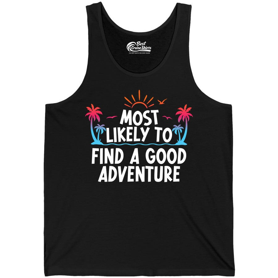 Tropical Adventure Shirt - Sunset Palm Tree Vacation T-Shirt (Tank Top) in Black - Tropical Adventure Shirt - Sunset Palm Trees Bold Motivational Design