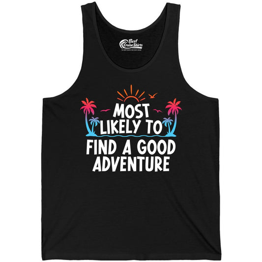 Tropical Adventure Shirt - Sunset Palm Tree Vacation T-Shirt (Tank Top) in Black - Tropical Adventure Shirt - Sunset Palm Trees Bold Motivational Design