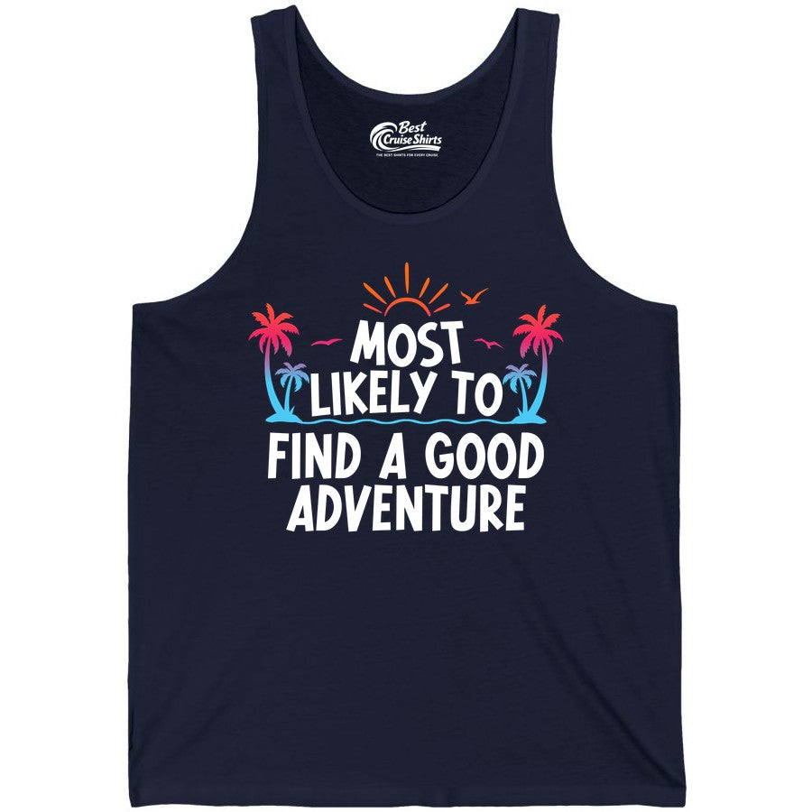 Tropical Adventure Shirt - Sunset Palm Tree Vacation T-Shirt (Tank Top) in Navy - Tropical Adventure Shirt - Sunset Palm Trees Bold Motivational Design