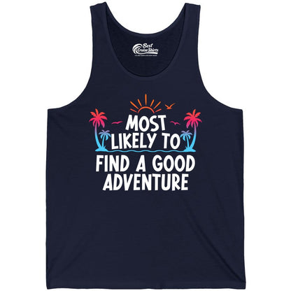 Tropical Adventure Shirt - Sunset Palm Tree Vacation T-Shirt (Tank Top) in Navy - Tropical Adventure Shirt - Sunset Palm Trees Bold Motivational Design