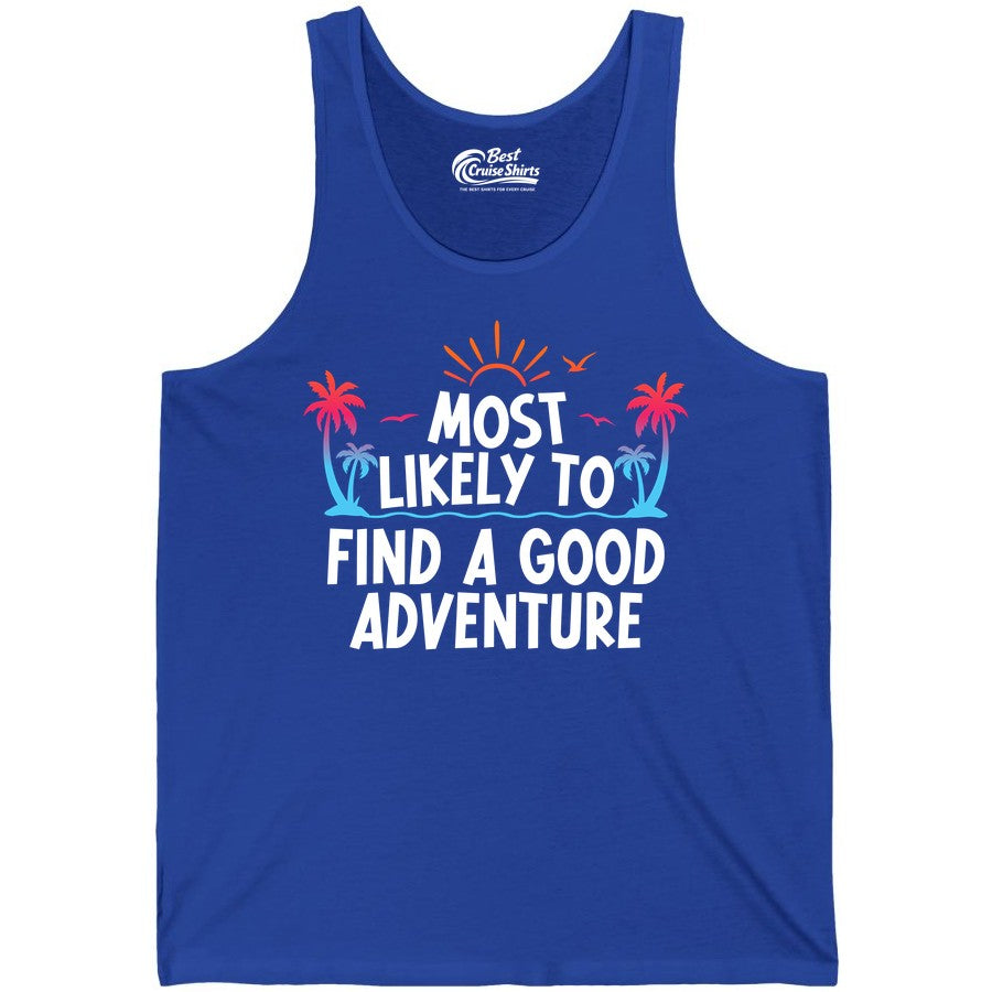 Tropical Adventure Shirt - Sunset Palm Tree Vacation T-Shirt (Tank Top) in True Royal - Tropical Adventure Shirt - Sunset Palm Trees Bold Motivational Design
