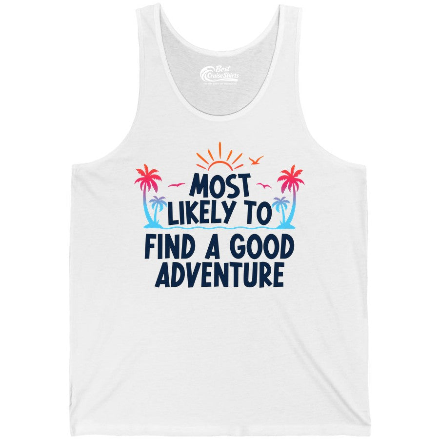 Tropical Adventure Shirt - Sunset Palm Tree Vacation T-Shirt (Tank Top) in White - Tropical Adventure Shirt - Sunset Palm Trees Bold Motivational Design