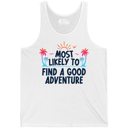 Tropical Adventure Shirt - Sunset Palm Tree Vacation T-Shirt (Tank Top) in White - Tropical Adventure Shirt - Sunset Palm Trees Bold Motivational Design