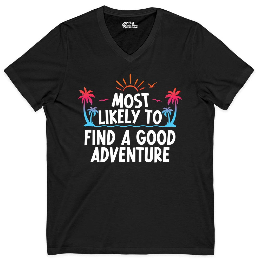 Tropical Adventure Shirt - Sunset Palm Tree Vacation T-Shirt (V-Neck) in Black - Tropical Adventure Shirt - Sunset Palm Trees Bold Motivational Design