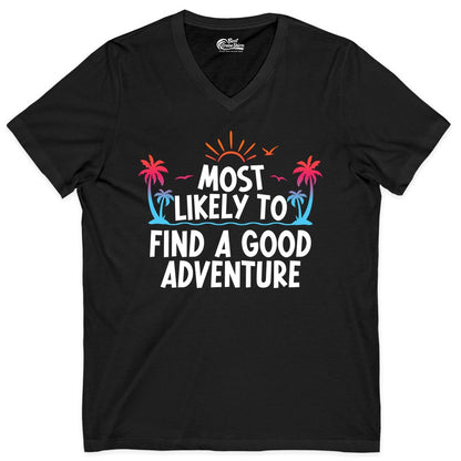 Tropical Adventure Shirt - Sunset Palm Tree Vacation T-Shirt (V-Neck) in Black - Tropical Adventure Shirt - Sunset Palm Trees Bold Motivational Design