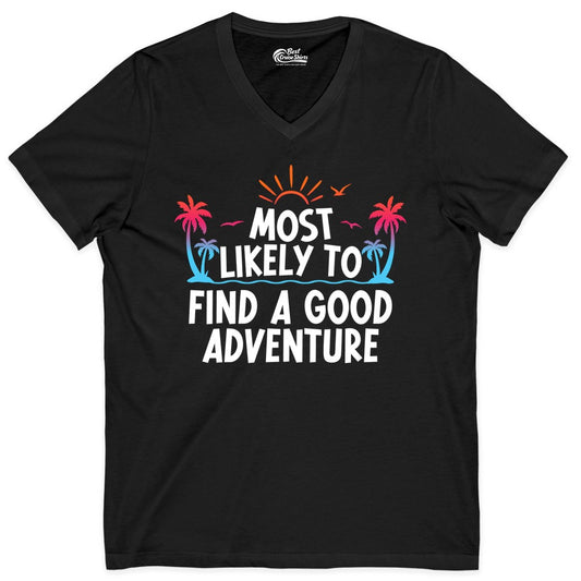 Tropical Adventure Shirt - Sunset Palm Tree Vacation T-Shirt (V-Neck) in Black - Tropical Adventure Shirt - Sunset Palm Trees Bold Motivational Design