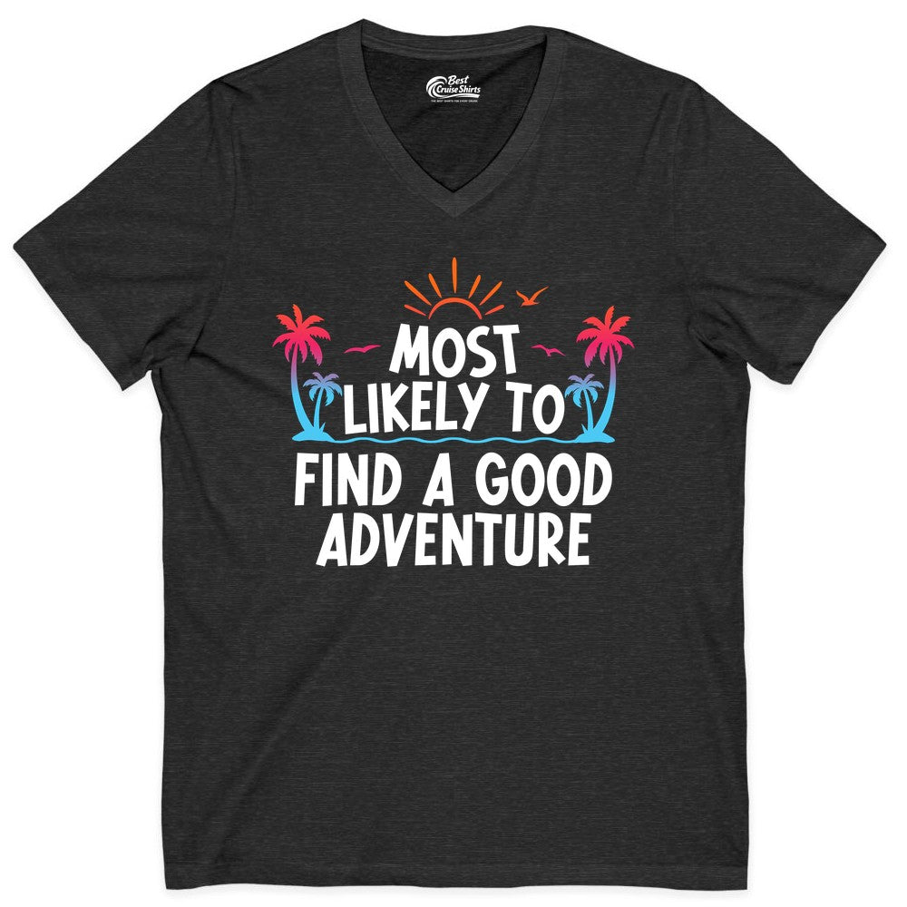 Tropical Adventure Shirt - Sunset Palm Tree Vacation T-Shirt (V-Neck) in Dark Grey Heather - Tropical Adventure Shirt - Sunset Palm Trees Bold Motivational Design