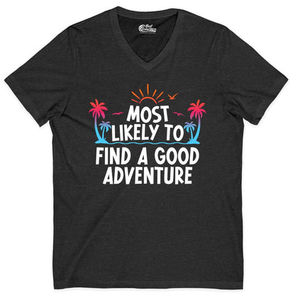 Tropical Adventure Shirt - Sunset Palm Tree Vacation T-Shirt (V-Neck) in Dark Grey Heather - Tropical Adventure Shirt - Sunset Palm Trees Bold Motivational Design
