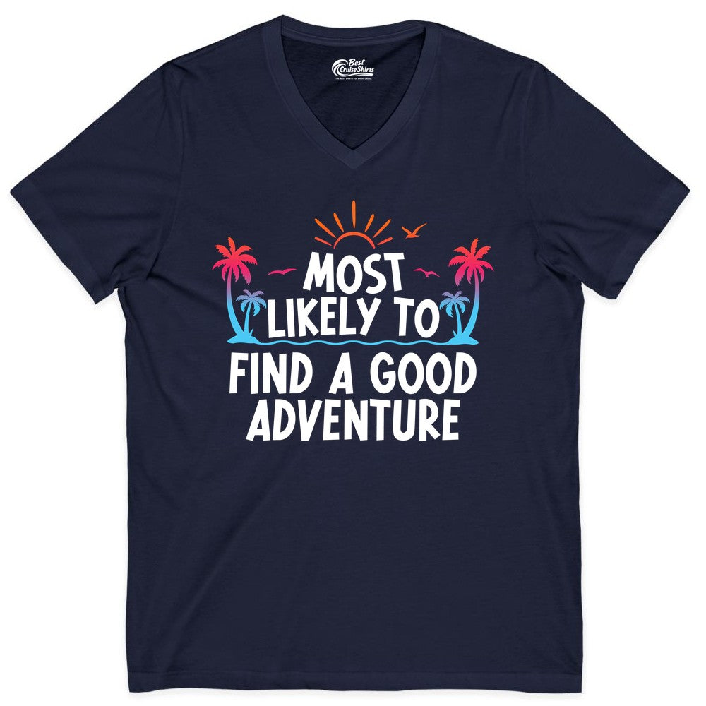 Tropical Adventure Shirt - Sunset Palm Tree Vacation T-Shirt (V-Neck) in Navy - Tropical Adventure Shirt - Sunset Palm Trees Bold Motivational Design