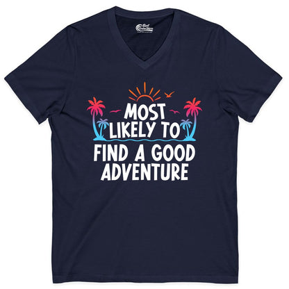 Tropical Adventure Shirt - Sunset Palm Tree Vacation T-Shirt (V-Neck) in Navy - Tropical Adventure Shirt - Sunset Palm Trees Bold Motivational Design