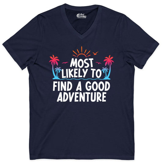 Tropical Adventure Shirt - Sunset Palm Tree Vacation T-Shirt (V-Neck) in Navy - Tropical Adventure Shirt - Sunset Palm Trees Bold Motivational Design