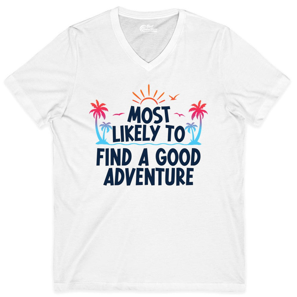 Tropical Adventure Shirt - Sunset Palm Tree Vacation T-Shirt (V-Neck) in White - Tropical Adventure Shirt - Sunset Palm Trees Bold Motivational Design