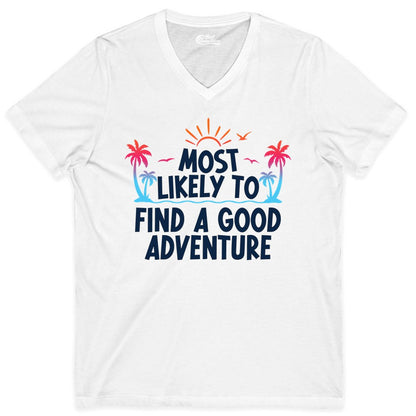 Tropical Adventure Shirt - Sunset Palm Tree Vacation T-Shirt (V-Neck) in White - Tropical Adventure Shirt - Sunset Palm Trees Bold Motivational Design