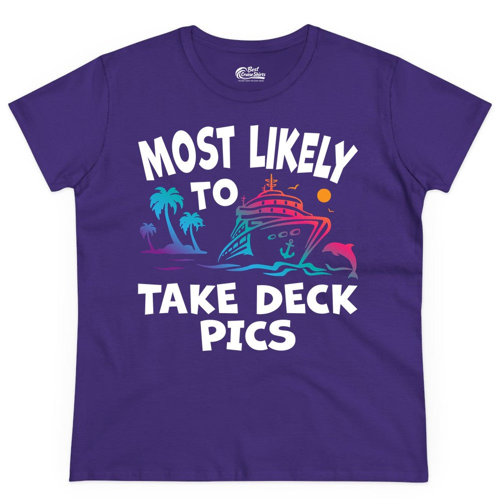 Most Likely to Take Deck Pics Shirt - Funny Cruise Ship Apparel (Ladies Tee) in Purple - Most Likely To Take Deck Pics Cruise Shirt Tropical Sunset Humor