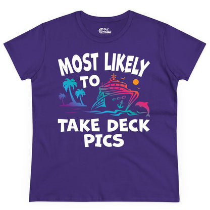 Most Likely to Take Deck Pics Shirt - Funny Cruise Ship Apparel (Ladies Tee) in Purple - Most Likely To Take Deck Pics Cruise Shirt Tropical Sunset Humor
