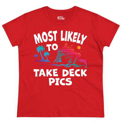 Most Likely to Take Deck Pics Shirt - Funny Cruise Ship Apparel (Ladies Tee) in Red - Most Likely To Take Deck Pics Cruise Shirt Tropical Sunset Humor