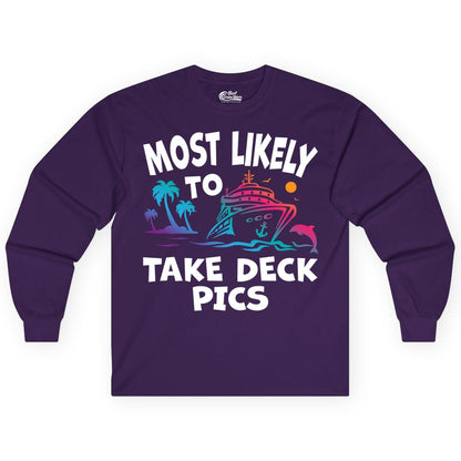 Most Likely to Take Deck Pics Shirt - Funny Cruise Ship Apparel (Long Sleeve) in Purple - Most Likely To Take Deck Pics Cruise Shirt Tropical Sunset Humor