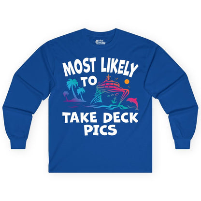 Most Likely to Take Deck Pics Shirt - Funny Cruise Ship Apparel (Long Sleeve) in Royal - Most Likely To Take Deck Pics Cruise Shirt Tropical Sunset Humor