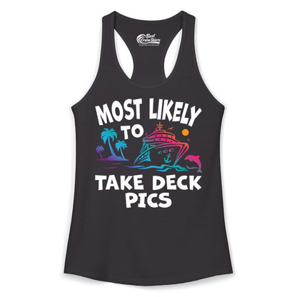 Most Likely to Take Deck Pics Shirt - Funny Cruise Ship Apparel (Ladies Tank) in Black - Most Likely To Take Deck Pics Cruise Shirt Tropical Sunset Humor