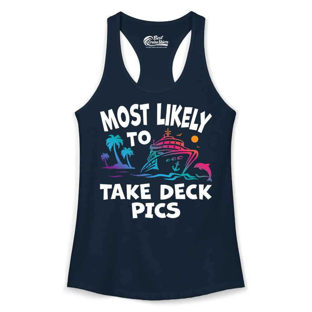 Most Likely to Take Deck Pics Shirt - Funny Cruise Ship Apparel (Ladies Tank) in Solid Midnight Navy - Most Likely To Take Deck Pics Cruise Shirt Tropical Sunset Humor