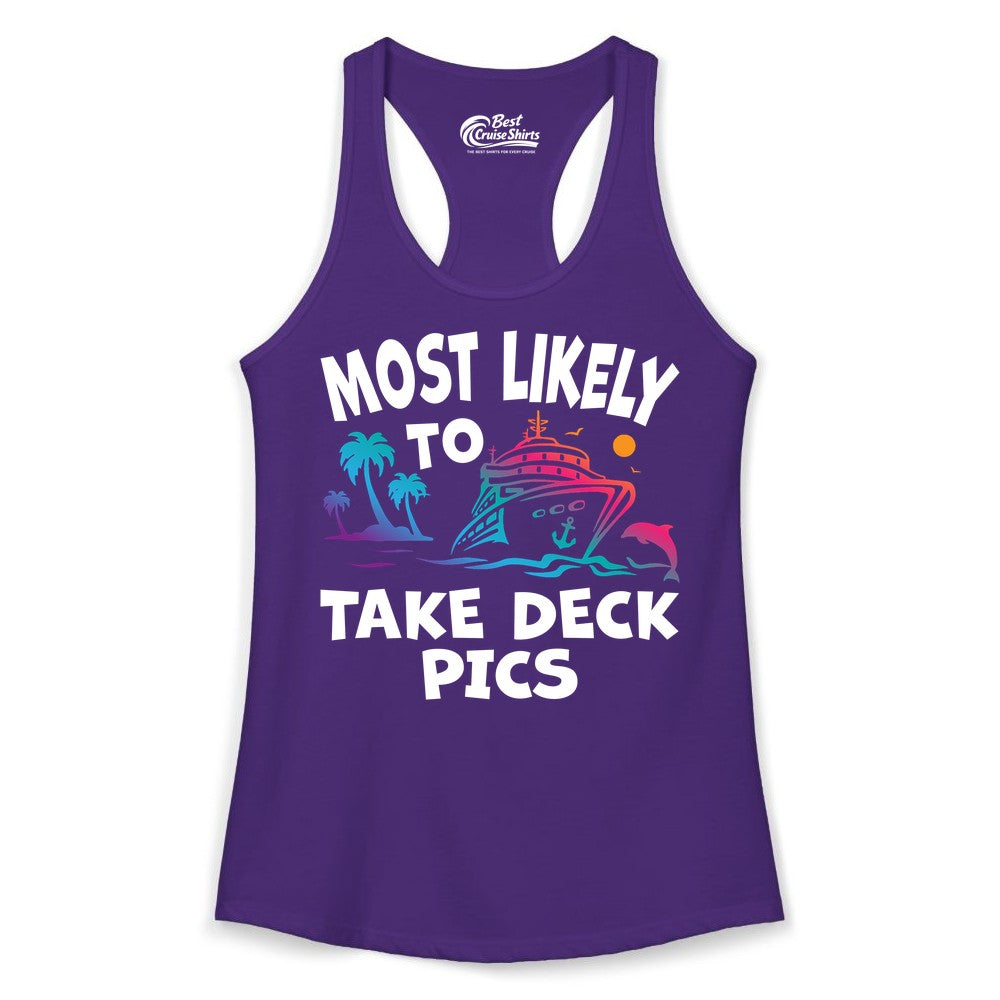 Most Likely to Take Deck Pics Shirt - Funny Cruise Ship Apparel (Ladies Tank) in Solid Purple Rush - Most Likely To Take Deck Pics Cruise Shirt Tropical Sunset Humor