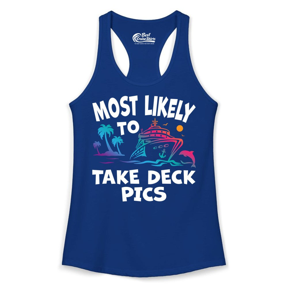 Most Likely to Take Deck Pics Shirt - Funny Cruise Ship Apparel (Ladies Tank) in Solid Royal - Most Likely To Take Deck Pics Cruise Shirt Tropical Sunset Humor