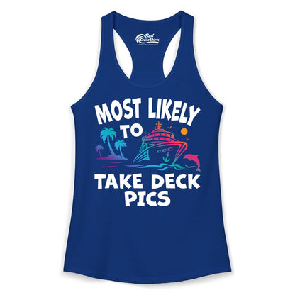 Most Likely to Take Deck Pics Shirt - Funny Cruise Ship Apparel (Ladies Tank) in Solid Royal - Most Likely To Take Deck Pics Cruise Shirt Tropical Sunset Humor