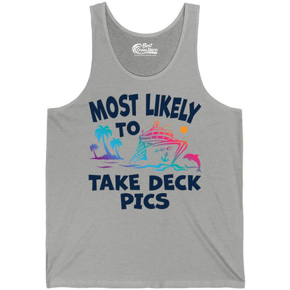Most Likely to Take Deck Pics Shirt - Funny Cruise Ship Apparel (Tank Top) in Athletic Heather - Most Likely To Take Deck Pics Cruise Shirt Tropical Sunset Humor