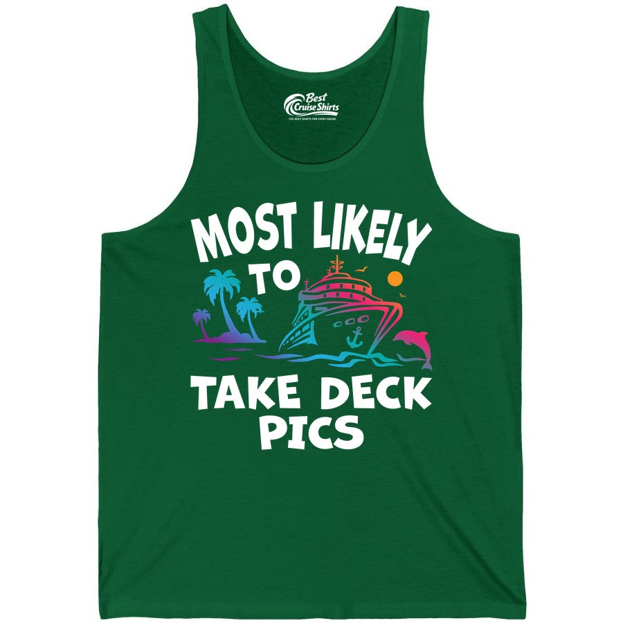 Most Likely to Take Deck Pics Shirt - Funny Cruise Ship Apparel (Tank Top) in Kelly - Most Likely To Take Deck Pics Cruise Shirt Tropical Sunset Humor