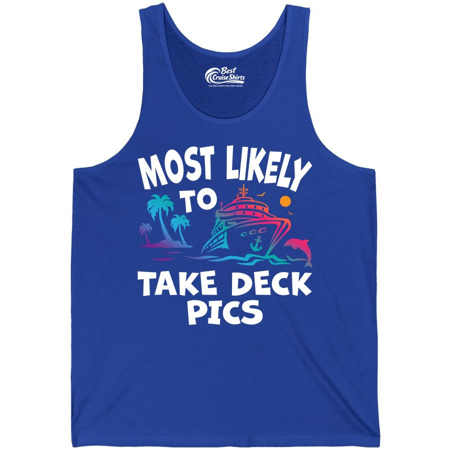 Most Likely to Take Deck Pics Shirt - Funny Cruise Ship Apparel (Tank Top) in True Royal - Most Likely To Take Deck Pics Cruise Shirt Tropical Sunset Humor