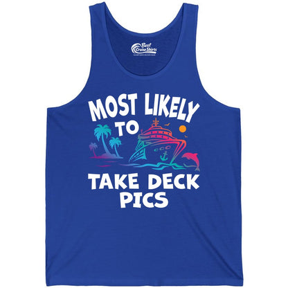 Most Likely to Take Deck Pics Shirt - Funny Cruise Ship Apparel (Tank Top) in True Royal - Most Likely To Take Deck Pics Cruise Shirt Tropical Sunset Humor