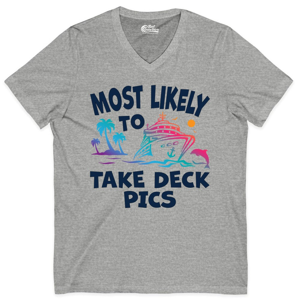 Most Likely to Take Deck Pics Shirt - Funny Cruise Ship Apparel (V-Neck) in Athletic Heather - Most Likely To Take Deck Pics Cruise Shirt Tropical Sunset Humor