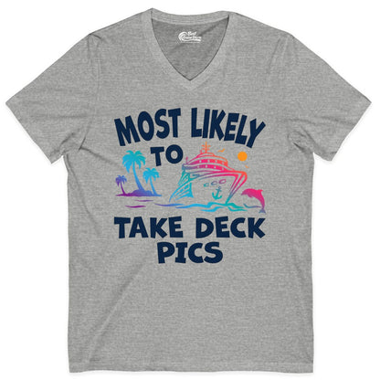 Most Likely to Take Deck Pics Shirt - Funny Cruise Ship Apparel (V-Neck) in Athletic Heather - Most Likely To Take Deck Pics Cruise Shirt Tropical Sunset Humor