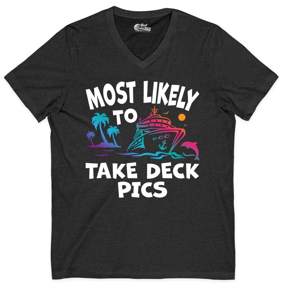 Most Likely to Take Deck Pics Shirt - Funny Cruise Ship Apparel (V-Neck) in Dark Grey Heather - Most Likely To Take Deck Pics Cruise Shirt Tropical Sunset Humor