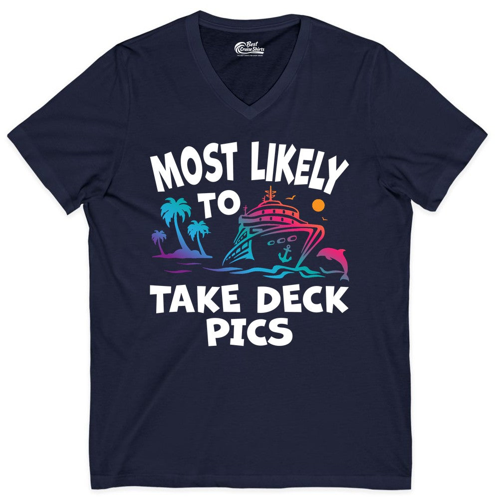 Most Likely to Take Deck Pics Shirt - Funny Cruise Ship Apparel (V-Neck) in Navy - Most Likely To Take Deck Pics Cruise Shirt Tropical Sunset Humor