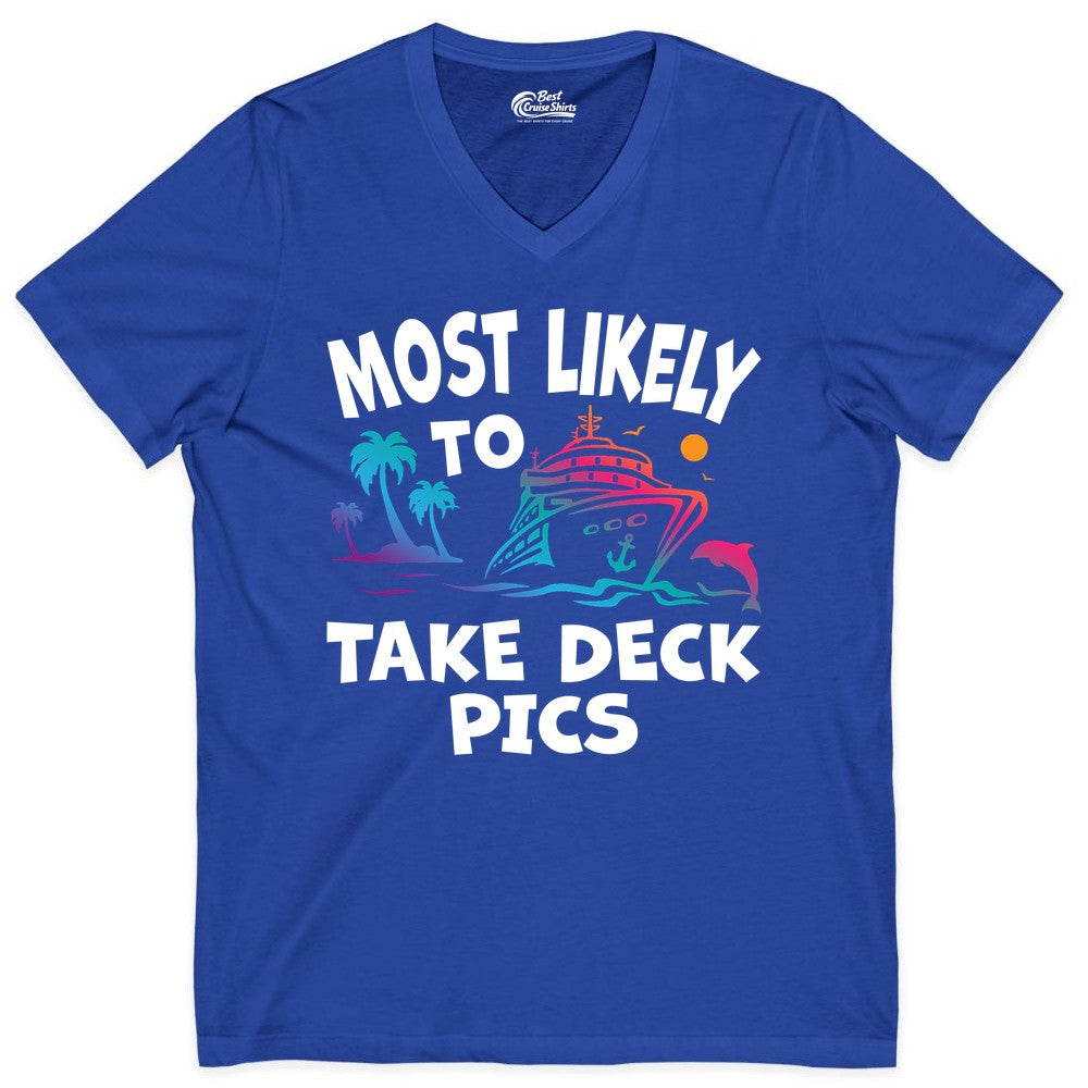 Most Likely to Take Deck Pics Shirt - Funny Cruise Ship Apparel (V-Neck) in True Royal - Most Likely To Take Deck Pics Cruise Shirt Tropical Sunset Humor