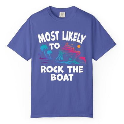 Cruise Shirt Funny - Rock the Boat Tropical Sunset Vacation Tee (Comfort Color) in Periwinkle - Most Likely to Rock the Boat Cruise Shirt Tropical Sunset Graphic