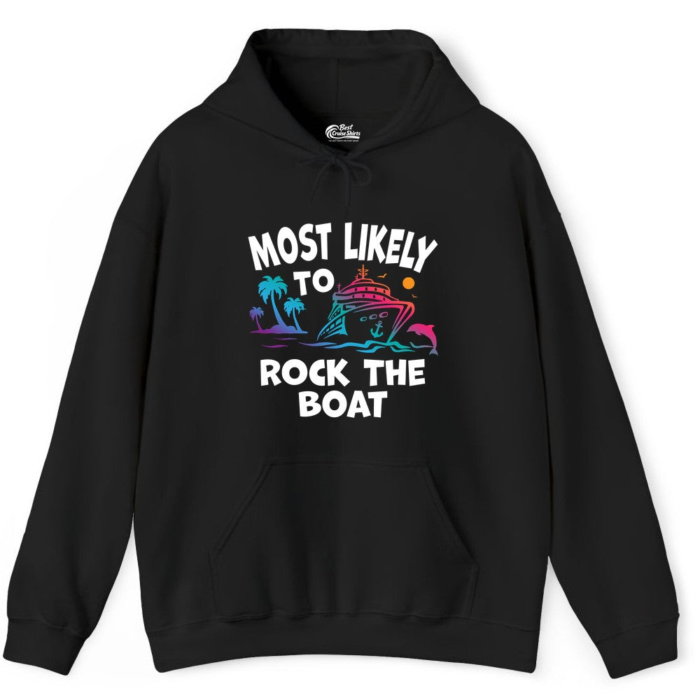 Cruise Shirt Funny - Rock the Boat Tropical Sunset Vacation Tee (Hoodie) in Black - Most Likely to Rock the Boat Cruise Shirt Tropical Sunset Graphic