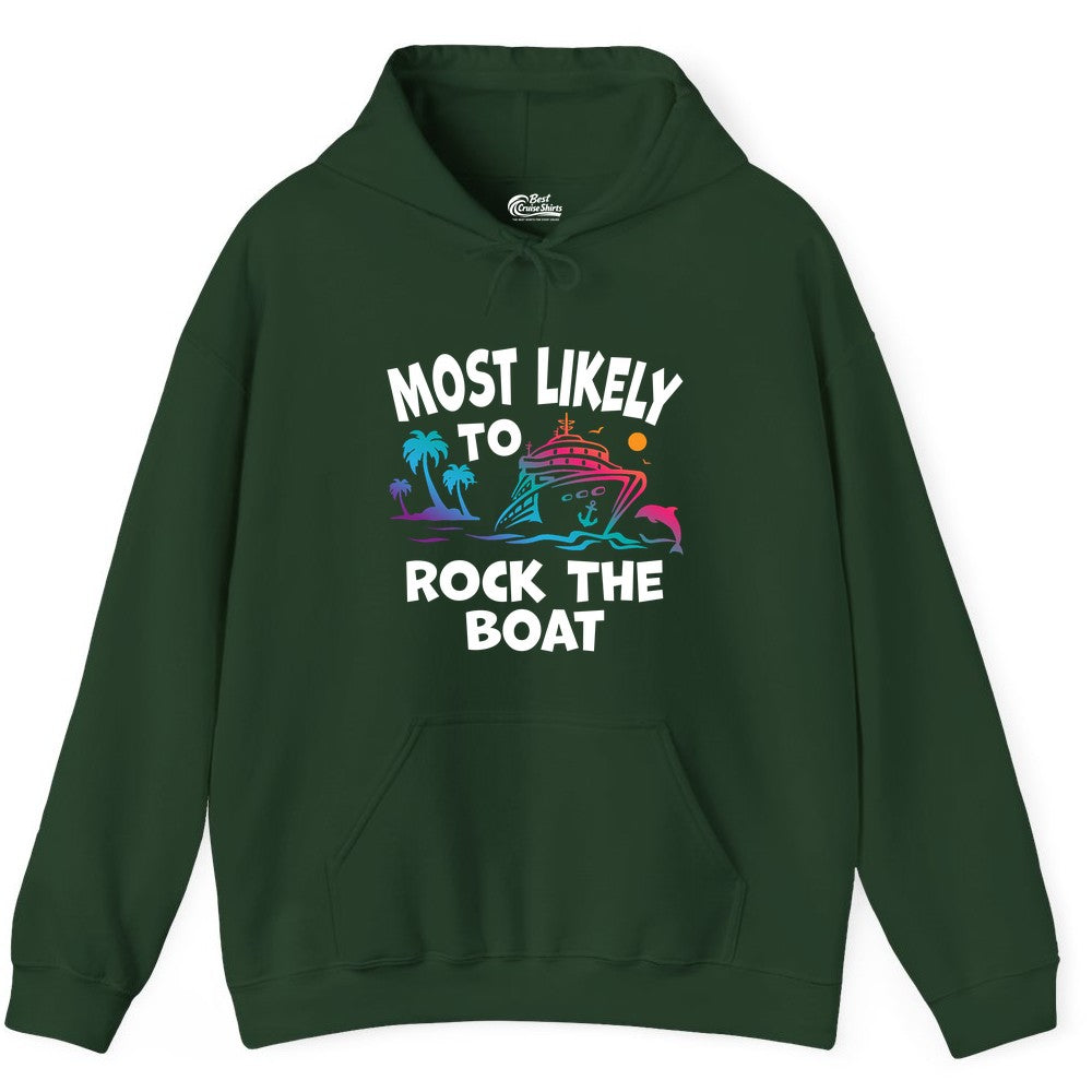 Cruise Shirt Funny - Rock the Boat Tropical Sunset Vacation Tee (Hoodie) in Forest Green - Most Likely to Rock the Boat Cruise Shirt Tropical Sunset Graphic