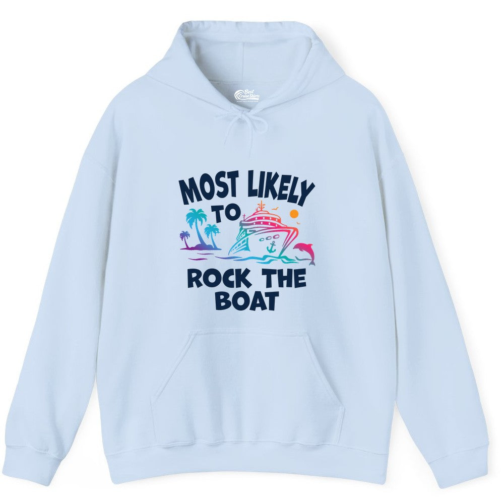 Cruise Shirt Funny - Rock the Boat Tropical Sunset Vacation Tee (Hoodie) in Light Blue - Most Likely to Rock the Boat Cruise Shirt Tropical Sunset Graphic