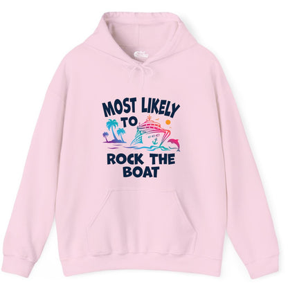 Cruise Shirt Funny - Rock the Boat Tropical Sunset Vacation Tee (Hoodie) in Light Pink - Most Likely to Rock the Boat Cruise Shirt Tropical Sunset Graphic