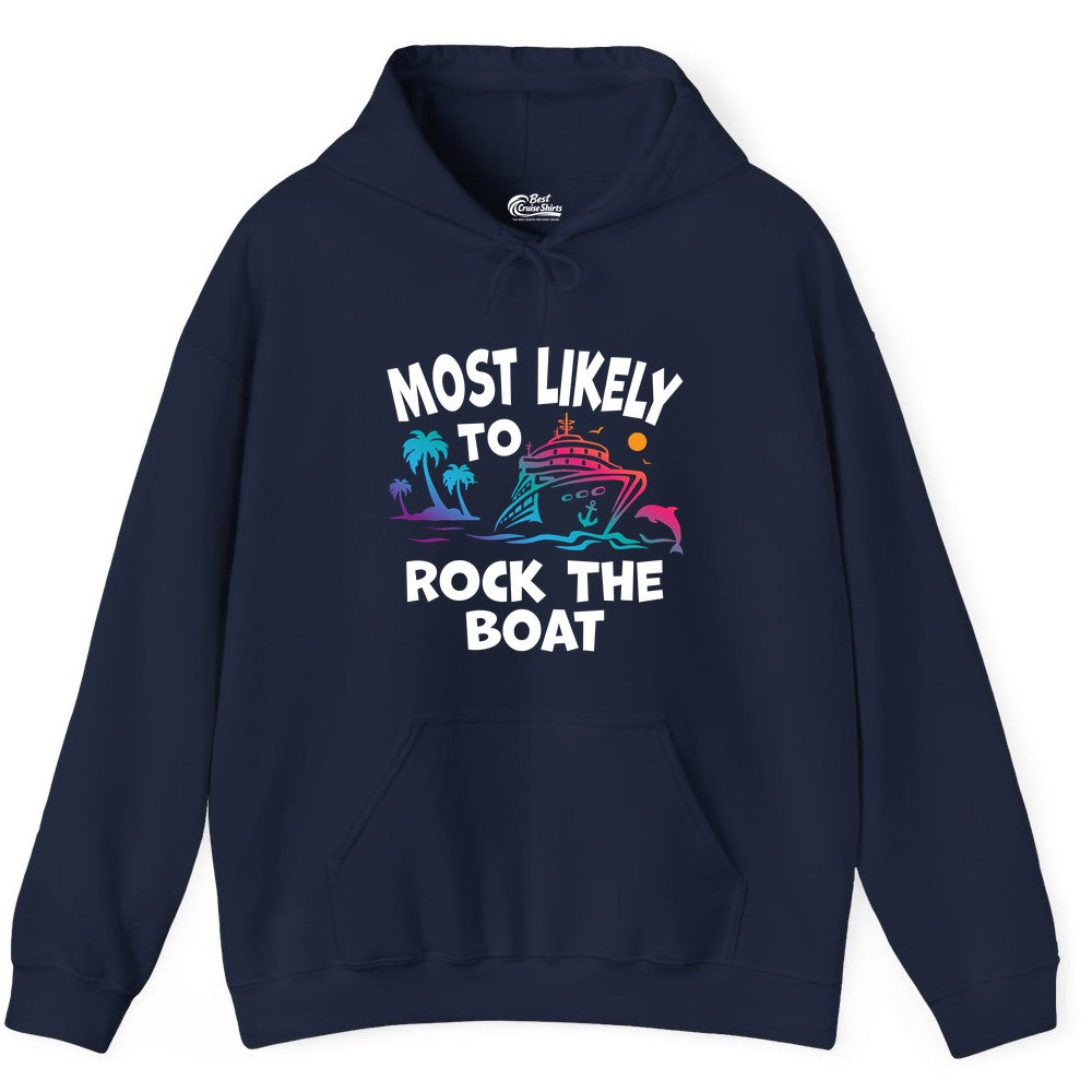 Cruise Shirt Funny - Rock the Boat Tropical Sunset Vacation Tee (Hoodie) in Navy - Most Likely to Rock the Boat Cruise Shirt Tropical Sunset Graphic