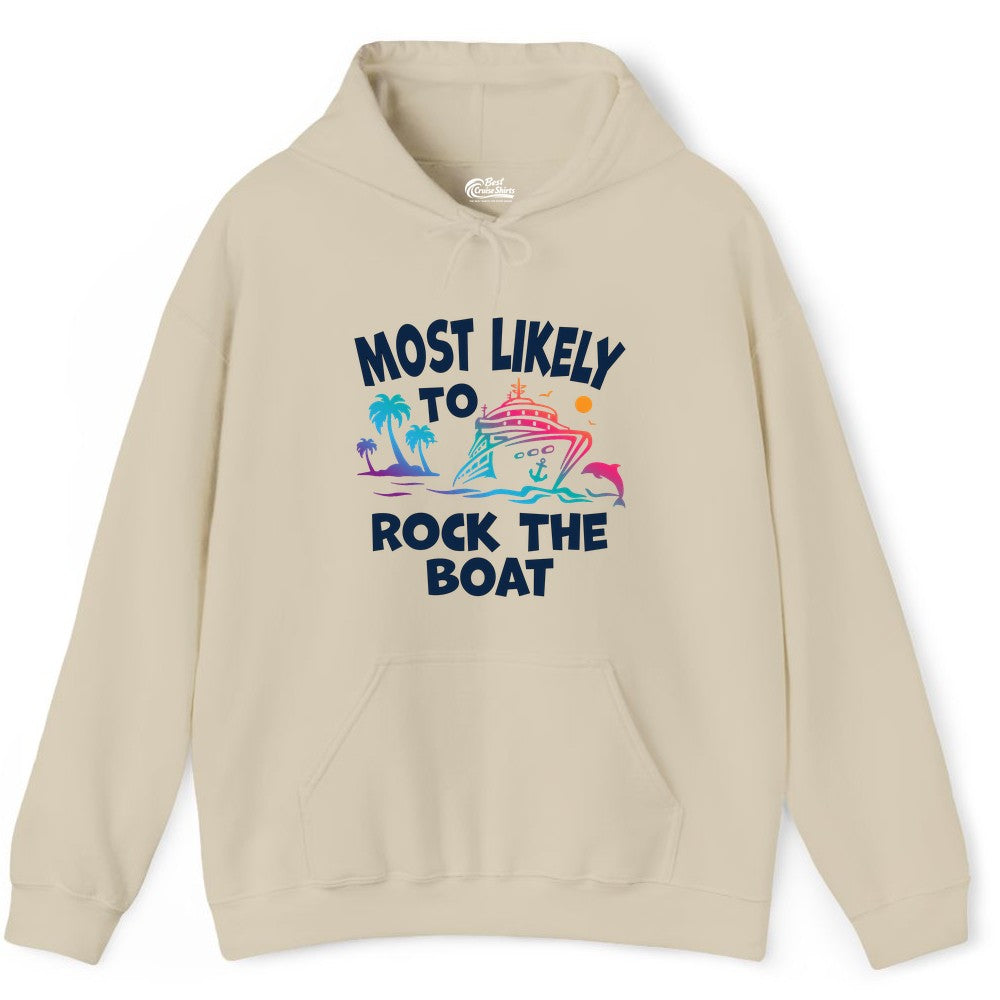 Cruise Shirt Funny - Rock the Boat Tropical Sunset Vacation Tee (Hoodie) in Sand - Most Likely to Rock the Boat Cruise Shirt Tropical Sunset Graphic